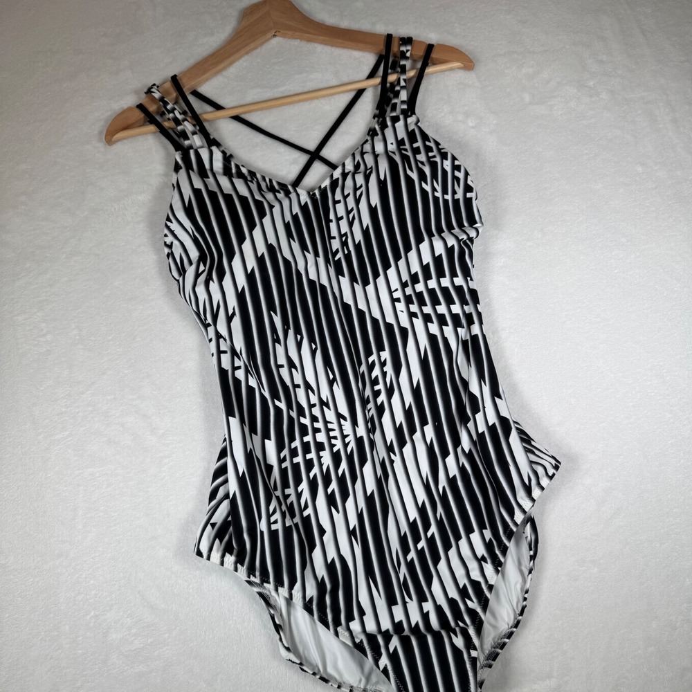 Profile by Gottex Women's One Piece Swimsuit Black White Striped Geometric Sz 14